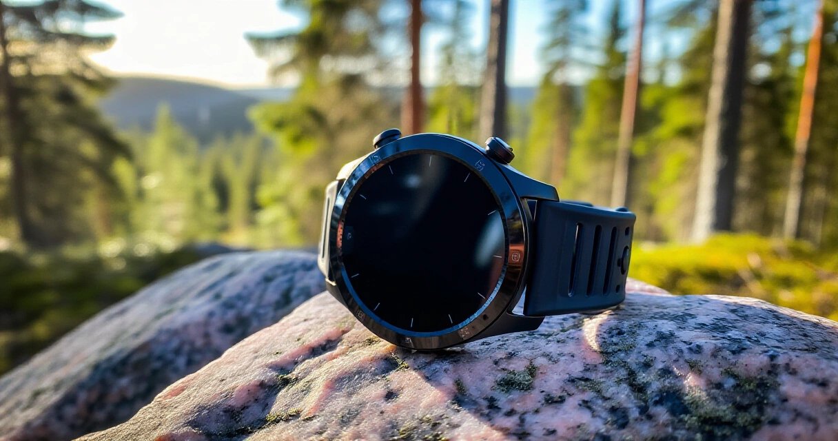 Iso älykello miehen ranteella ulkona pohjoismaisessa metsässä