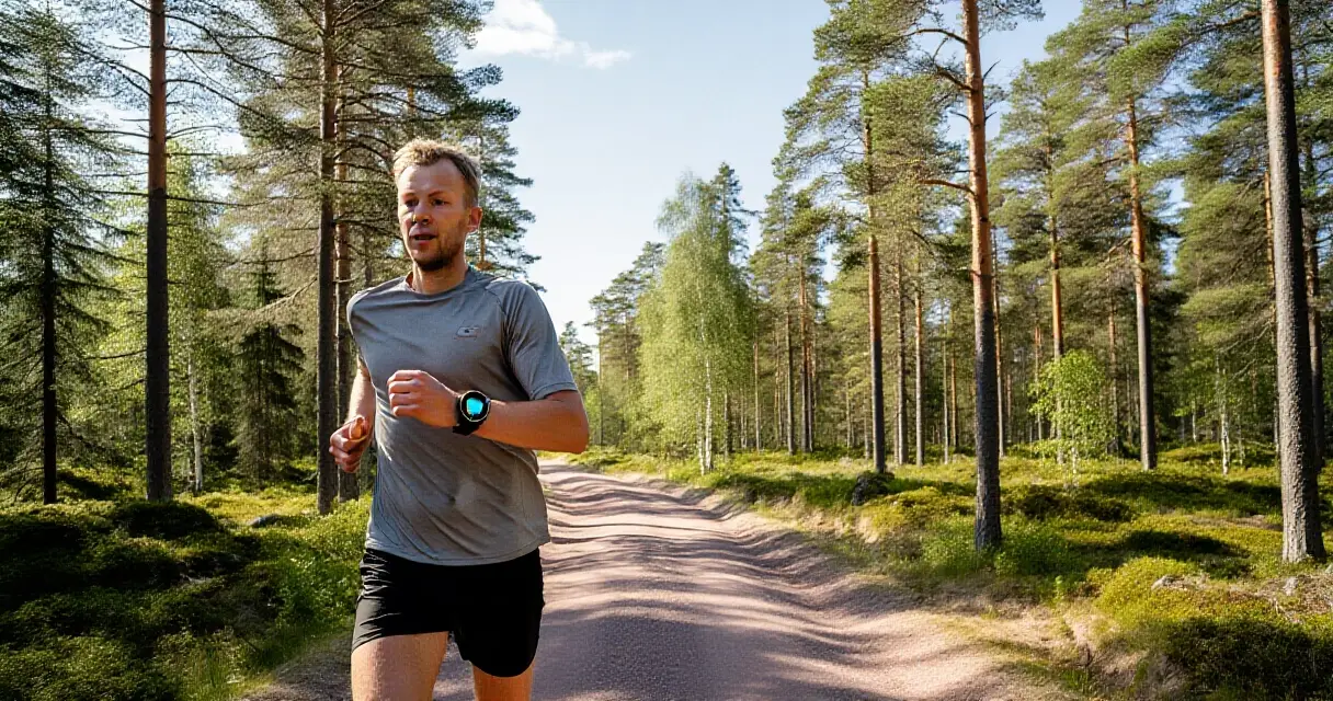 Mies juoksee mets&auml;polulla GPS-urheilukello ranteessa kes&auml;isen&auml; p&auml;iv&auml;n&auml; Suomessa