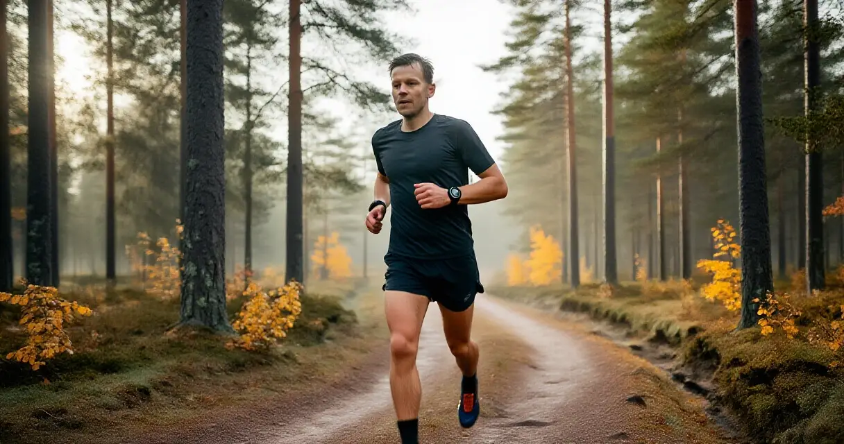 Mies juoksee mets&auml;polulla syksyll&auml; &auml;lykello ranteessa