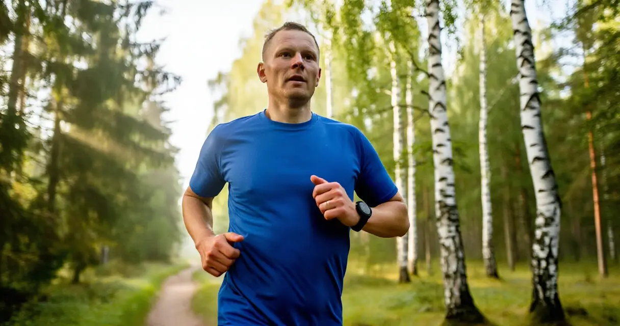 Mies juoksee mets&auml;polulla &auml;lykello ranteessaan varhain aamulla