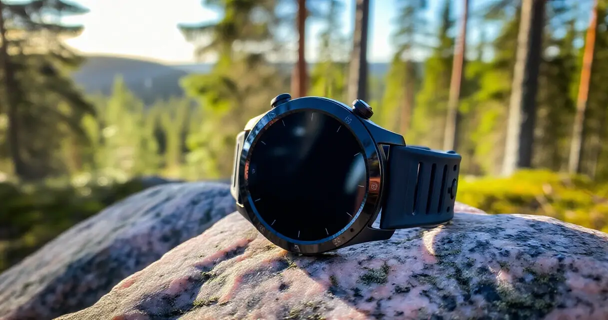 Iso &auml;lykello miehen ranteella ulkona pohjoismaisessa mets&auml;ss&auml;