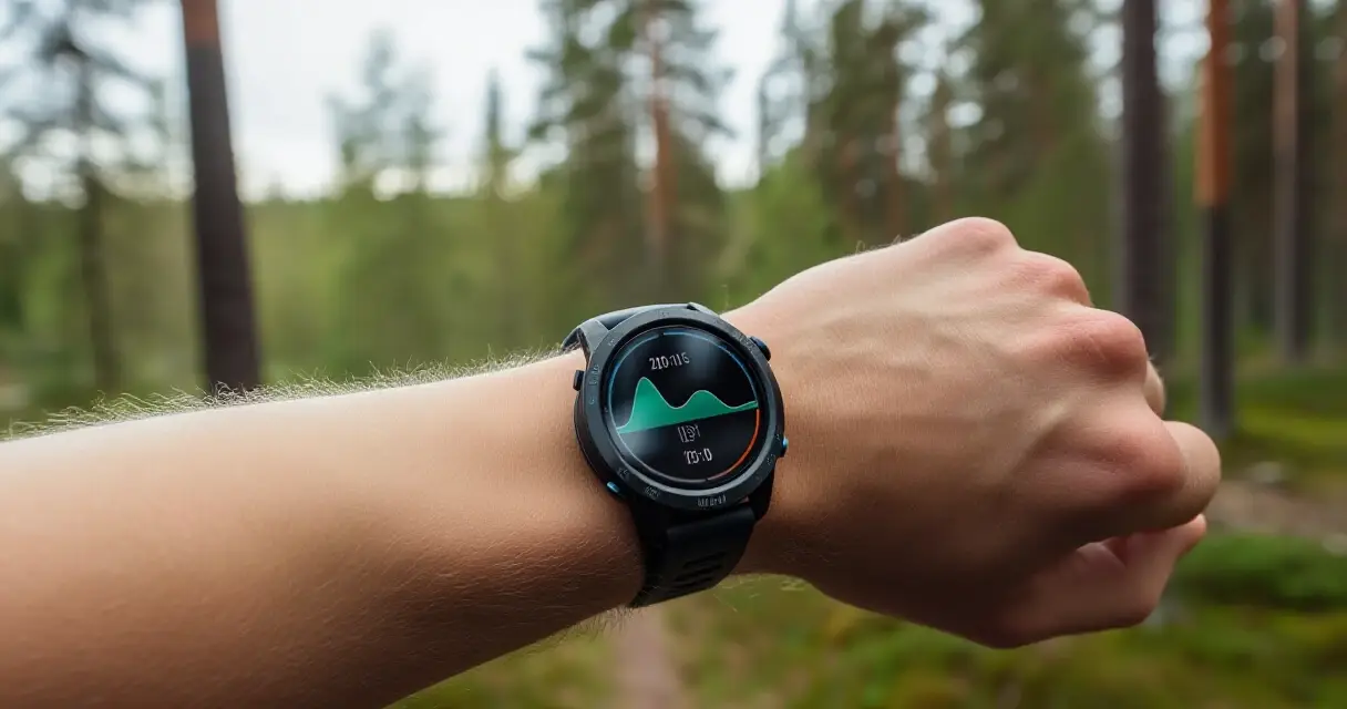 Mies ranteessa urheiluälykello suomalaisessa metsässä