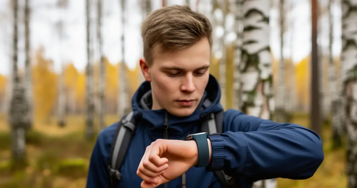 Nuori mies katsoo &auml;lykelloa rannekkeessaan ulkona syysluonnossa