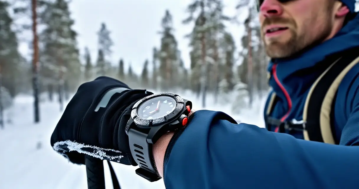 Miehen ranteessa &auml;lykello hiihtoretkell&auml; lumisessa mets&auml;ss&auml; Lapissa